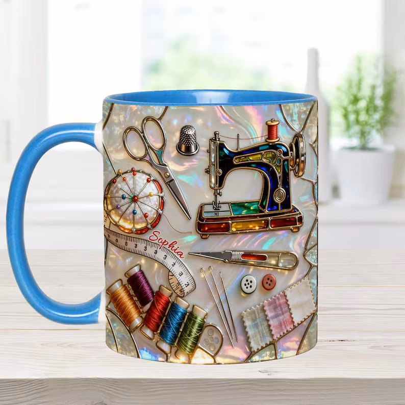 Sewing Mug blue stained glass — mockup AI 3D