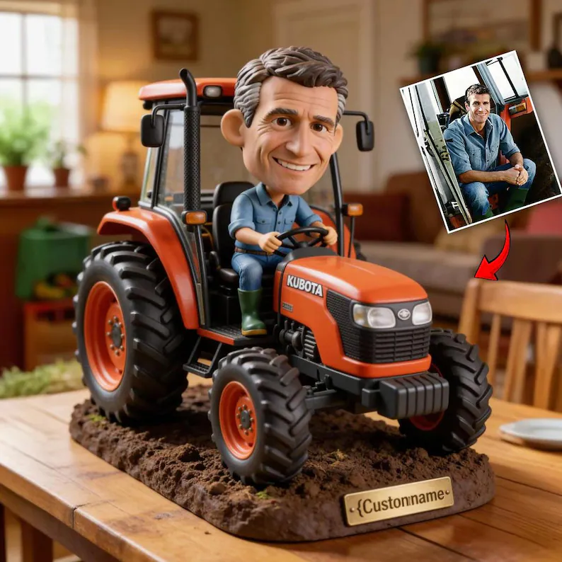 Farmer plaque Kubota orange — mockup bobblehead 3D giả