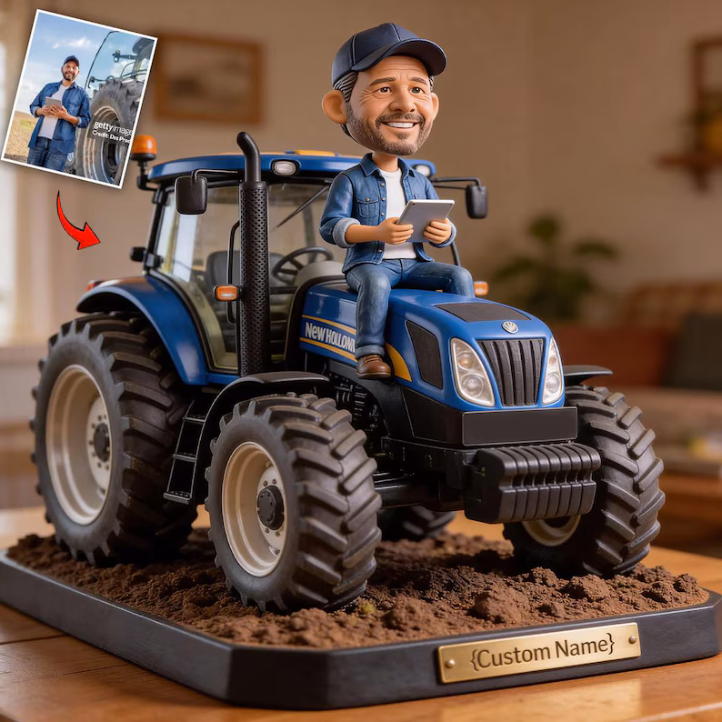 Farmer plaque New Holland blue — mockup bobblehead 3D giả