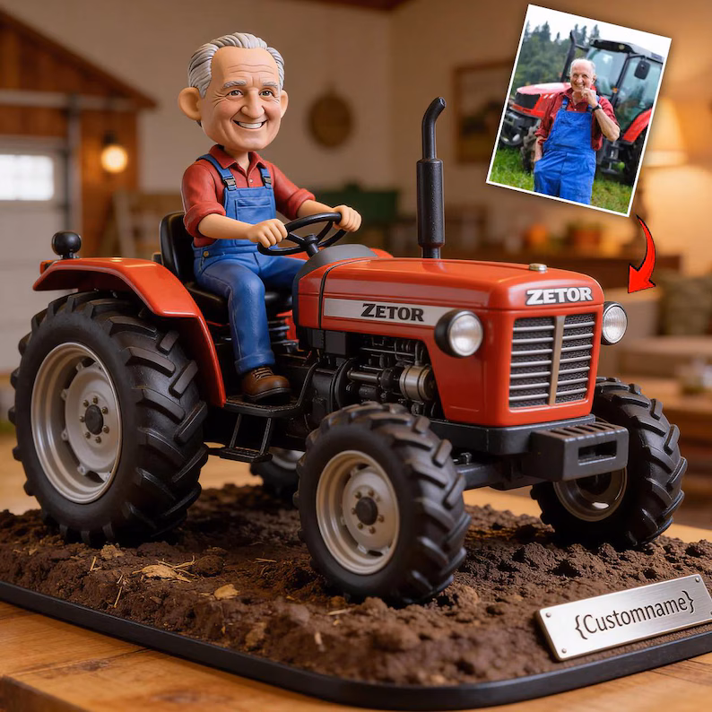 Farmer plaque Zetor red — mockup bobblehead 3D giả